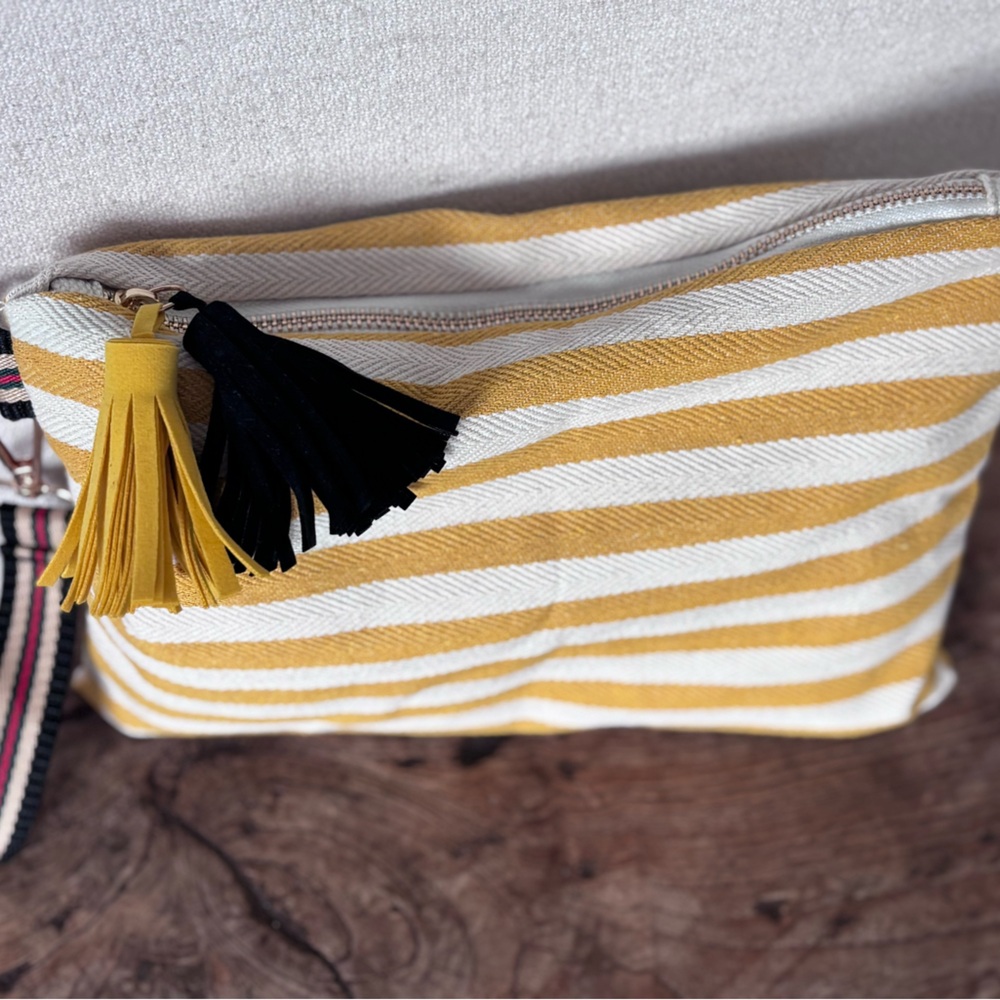 Yellow & White Striped Wristlet Clutch with Tassels - Picture 6 of 7